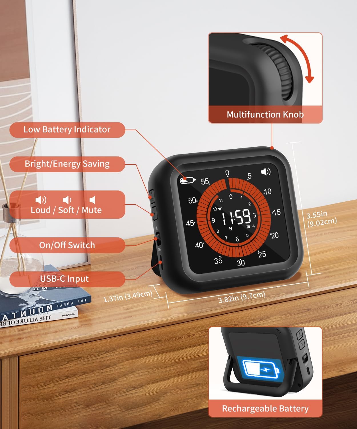 Digital Visual Timer - Large Display Magnetic Countdown Timer with Adjustable Volume and Brightness, 11H59M Memory Function for Kitchen, Classroom, Study Time Management, Seniors & Teachers