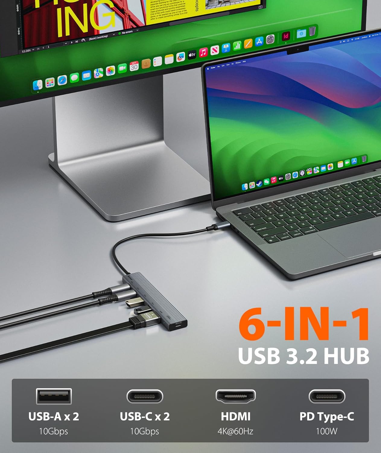 Aceele USB C Hub, 6 in 1 USBC Multiport Adapter with 10Gbps 2 USB C 3.2 and 2 USB A 3.2 Data Port, 4K 60Hz HDMI, 100W Power Delivery for MacBook Pro/Air, iPad Pro, iMac, Surface, XPS and More
