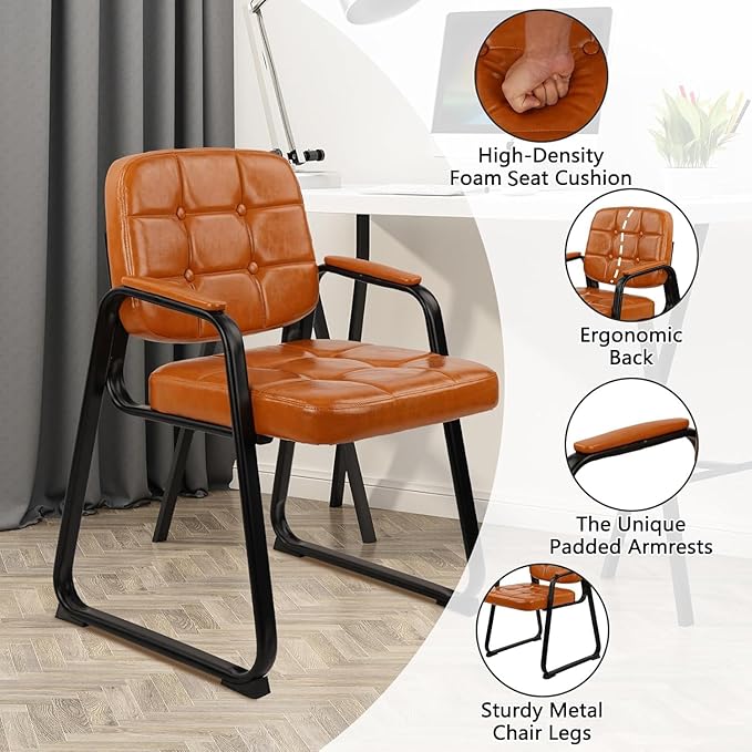 CLATINA Office Guest Chair, Leather Reception Chairs with Padded Arms, Desk Chair No Wheels Stationary for Conference Lobby Waiting Room Training Side Elderly, Set of 2-Orange