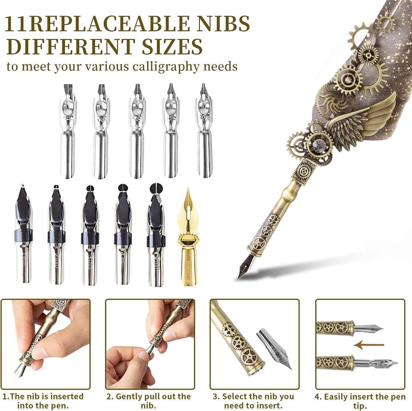 Calligraphy Pens and Ink Set - Calligraphy Kits for Beginners,Quill Pen Includes Dip Pen,8*Colors Ink,11*Calligraphy Pen Nibs（Grey）