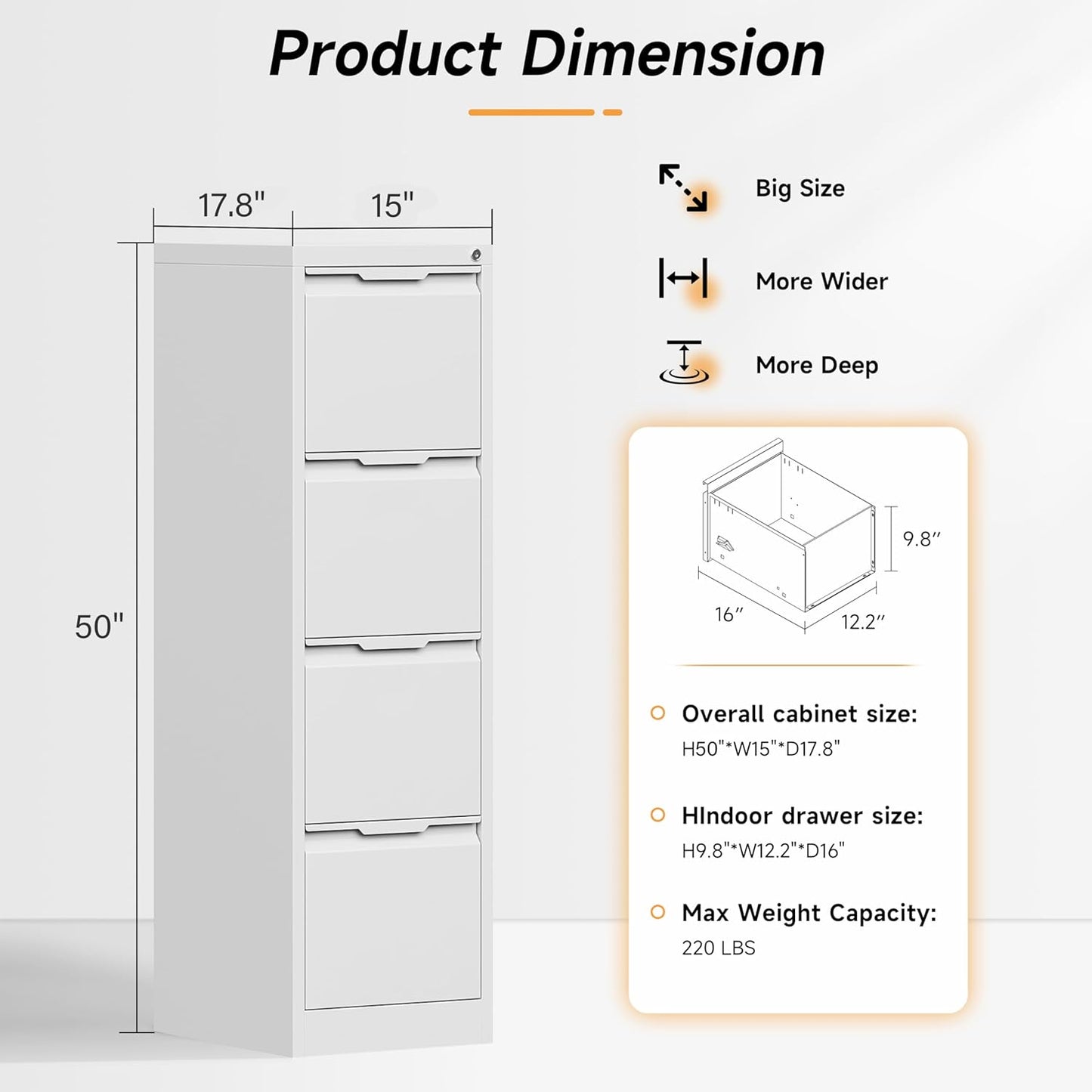 Bestoo 17.8" D Vertical File Cabinet, 4 Drawer Metal Filing Cabinets with Lock, Steel Filing Cabinet for Home Office, File Cabinet for Letter/Legal/A4/F4 Size, Easy Assemble (White)