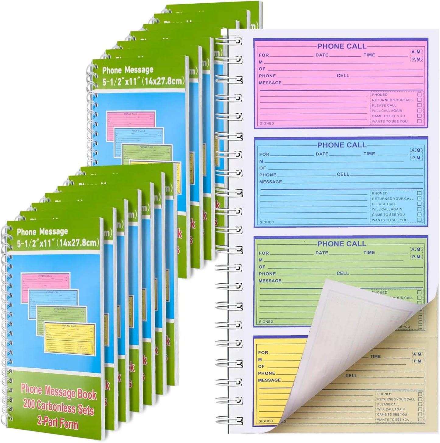 12 Pcs Spiral Bound Phone Message Book for Business Office, 5 1/2" x 11"2 PartTelephone Message Pads with Carbon Copy, Colorful Carbonless Duplicate Call Log Book