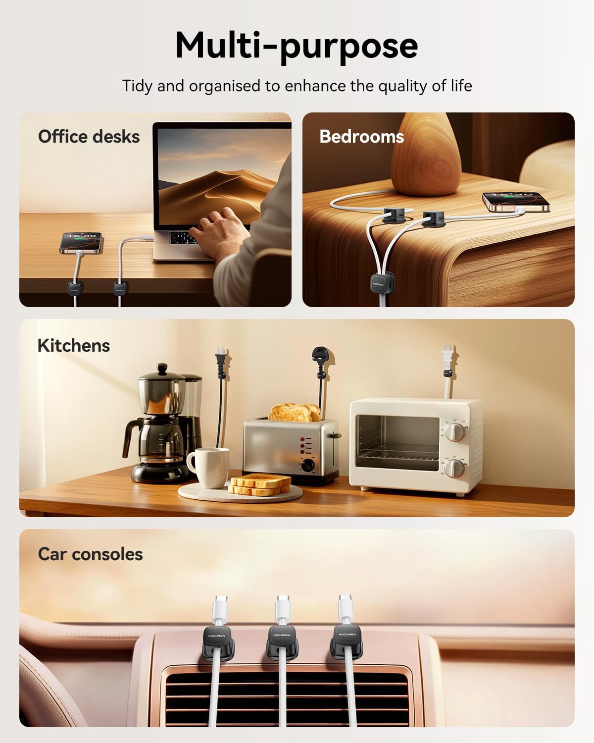 30-Pack Magnetic Cable Clips Cord Organizer,Cable Straps Smooth Adjustable,Rocoren Cable Management Accessories,Cable Holder Clips Wire Holder Keeper for Desktop,Nightstand,Home Office,Workspace,Phone