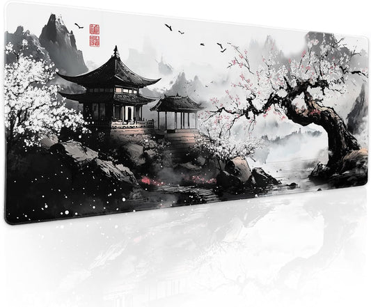 Black Whtie Japanese Gaming Mouse Pad XL Anime Sakura Cherry Blossom Tree Extended Large Mat Mousepad Desk Pad Non-Slip Rubber Base Stitched Edge Long Keyboard Pad for Computer,31.5×11.8 Inch