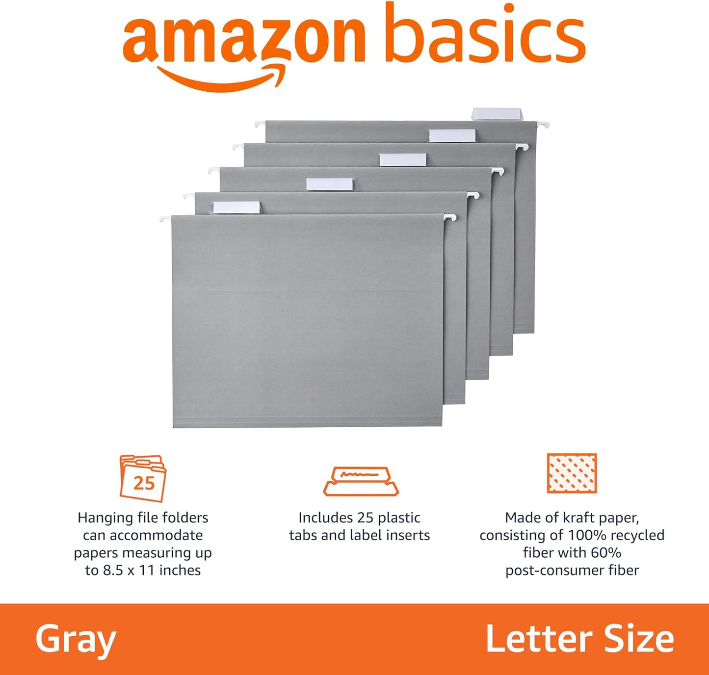 Amazon Basics Hanging File Folders, Letter Size, Gray, 25-Pack