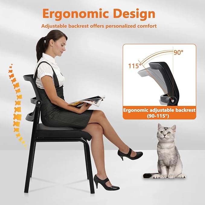 CLATINA Stackable Waiting Room Chair with Adjustable Mesh Backrest, Armless Office Guest Reception Chairs with Leather Cushion and Ergonomic Lumbar Support for Conference Lobby Side School, Black