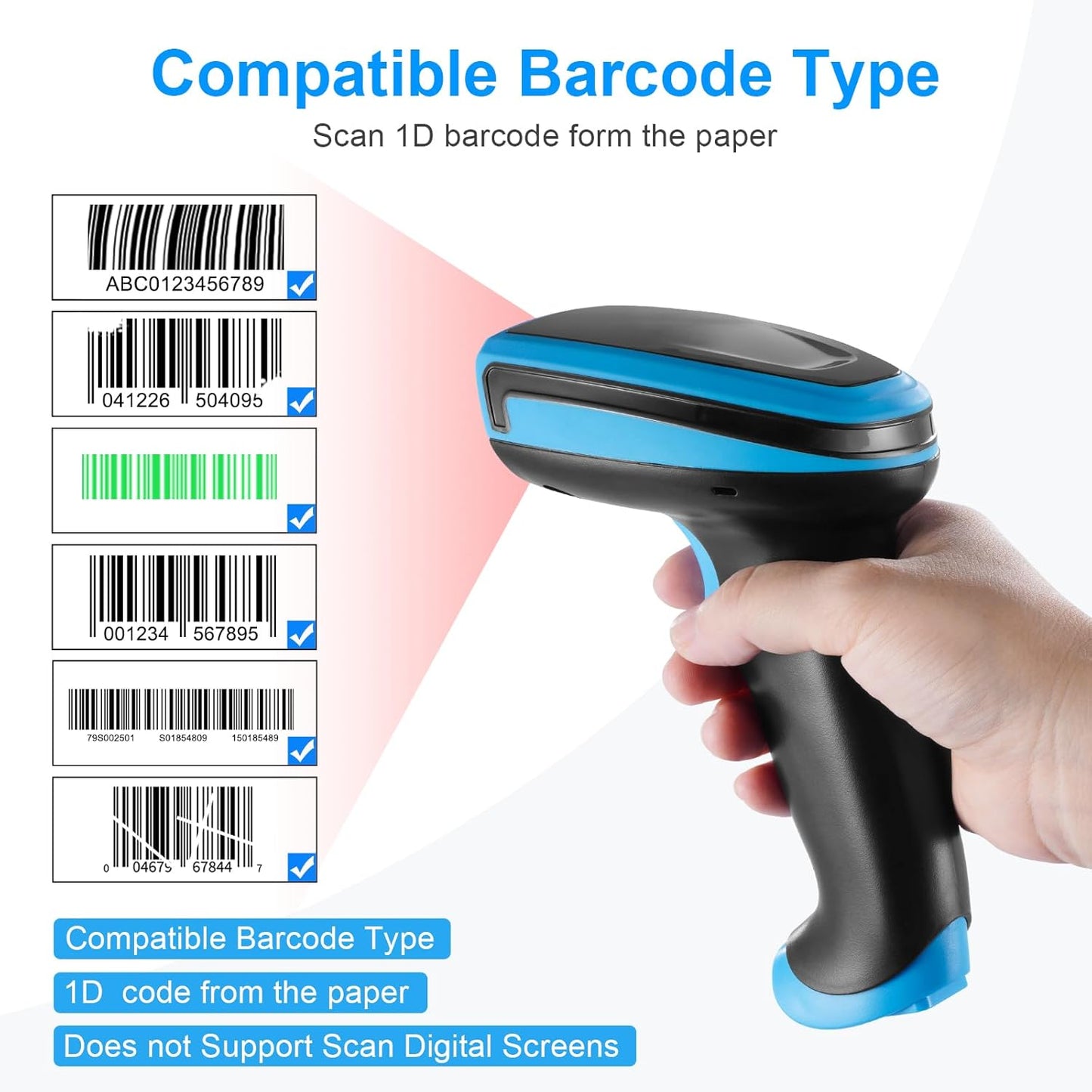 1D Barcode Scanner, Onewscan Wireless Laser Bar Code Scanners with Stand 2.4G Wireless & USB Wired Connection Plug and Play Handheld Bar Code Reader