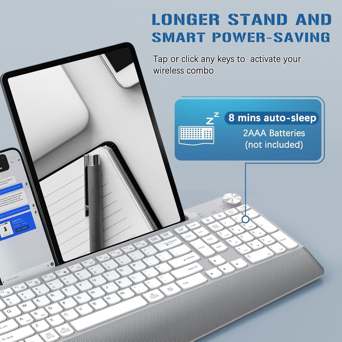 Ergonomic Wireless Keyboard with Wrist Rest-Low-Profile,Phone/Tablet Holder,Quiet Design，Windows & Mac OS，Full Size Cordless USB Computer Keyboard for Desktop,Laptop, PC, Mac, Windows-White