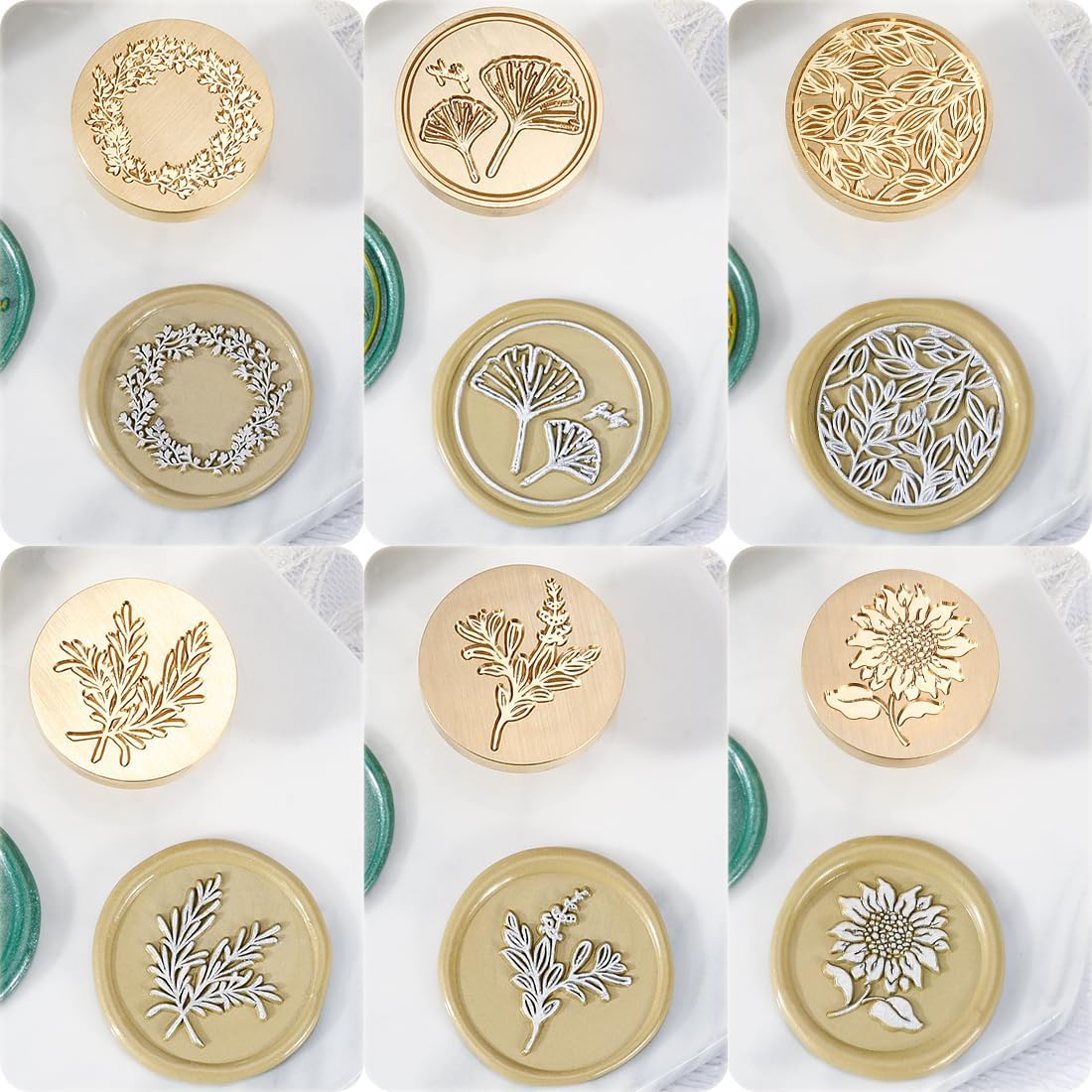Wax Seal Stamp Set, 6 pcs Brass Head Wax Stamp & 1 Wooden Handle, 6 Botanical Designs (Rosemary, Sunflower, Ginkgo Leaf, Wreath, Leaves, Eucalyptus)