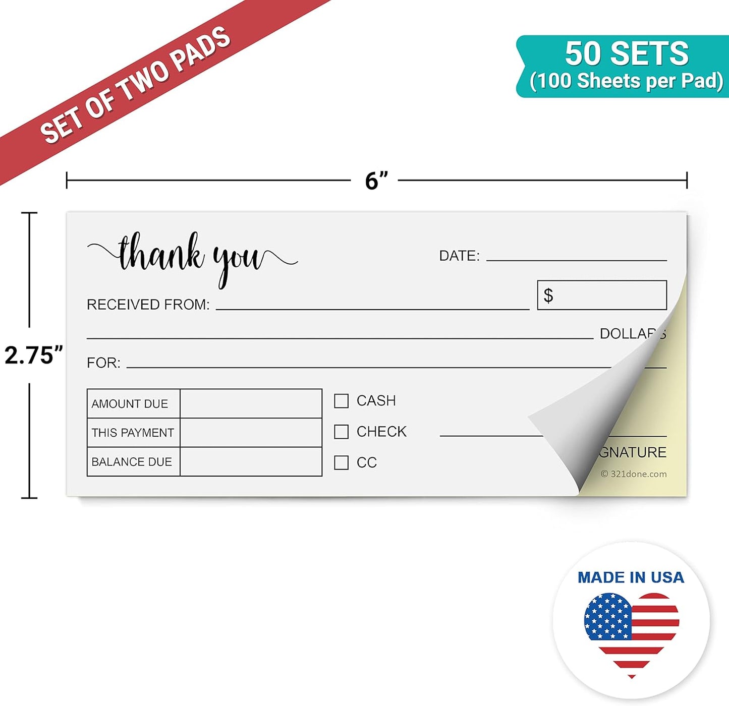 321Done Thank You Receipt Book 2-Pack, 2.75x6 Pocket Size 2-Part Carbonless, Made in USA, Cute Handheld Duplicate Copy Order Form for Craft Boutique Business (50 Sets) White/Yellow