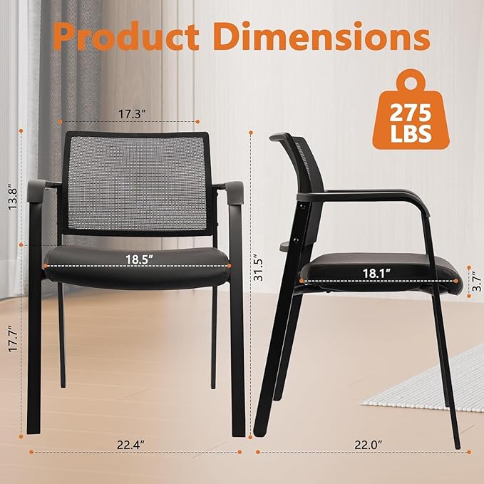 CLATINA Stackable Office Chair, Mesh Back Guest Chairs with Comfortable Leather Seat Arms Stacking Ergonomic Desk Chair No Wheels for Conference Waiting Reception School Stationary, Black, Set of 8
