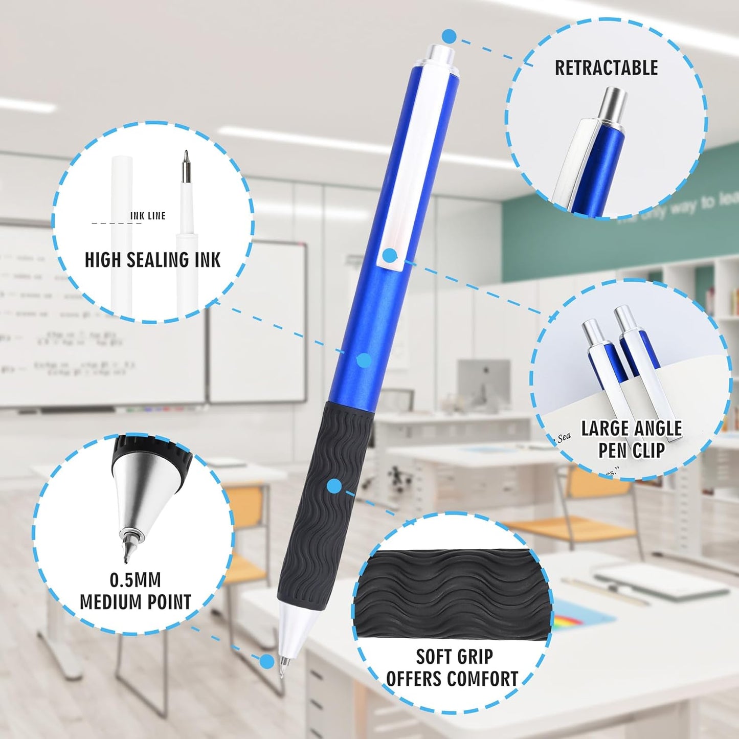 Bulk Gel Pens,50pcs Black ink Gel Pens.Wholesale Retractable Ballpoint Pen,0.5mm Fine Tip for School,Office, Nurses Notes Office Supplies(Blue body)