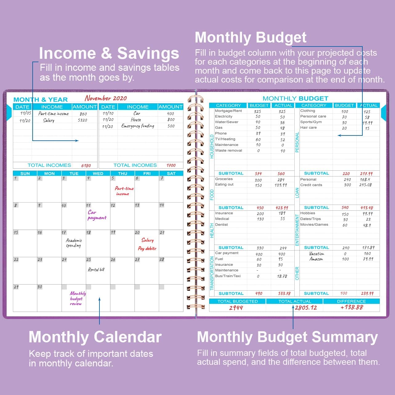 Budget Planner - 8" x 9.5" Monthly Budget Book with Expense Tracker Notebook, 2023-2024 Budgeting Book and Financial Planner to Control Your Money. Large Size, PU Leather, Purple