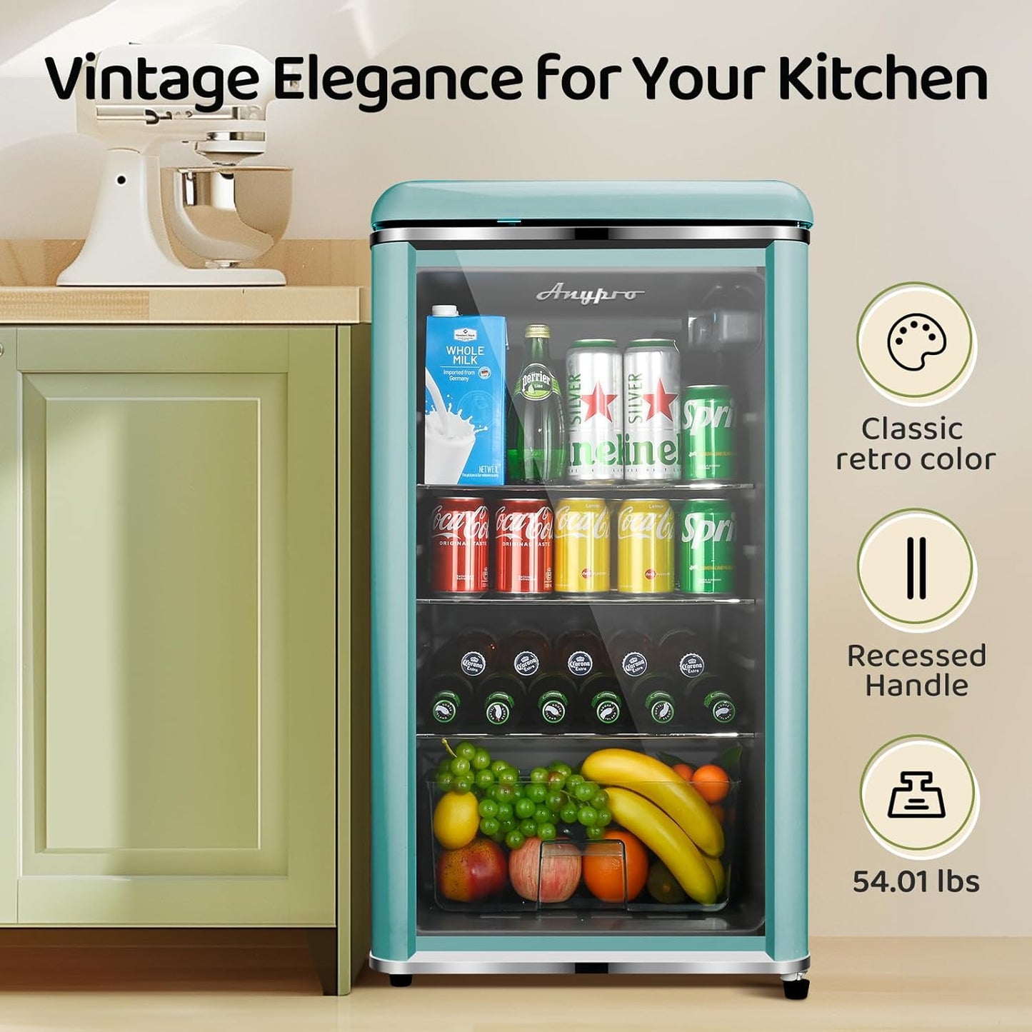 4.9 Cu.Ft Beverage Refrigerator Cooler with Double Tempered Glass Door, 120 Can Wine Drink Beer Retro Small Mini Fridge for Office Bedroom Bar with 7 Temperatures, Adjustable Shelves, Blue