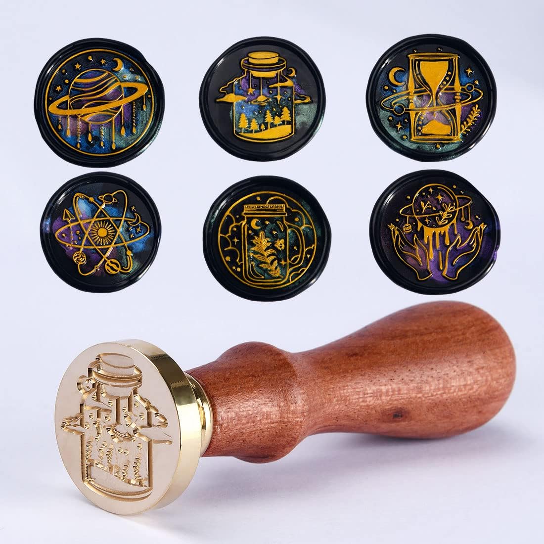 Wax Seal Stamp Kits, 6 pcs Wax Stamp Brass Head & 1 Wooden Handle, 6 Designs (Magic Hourglass/Planet/Space/Magic Forest/Mason Jar)