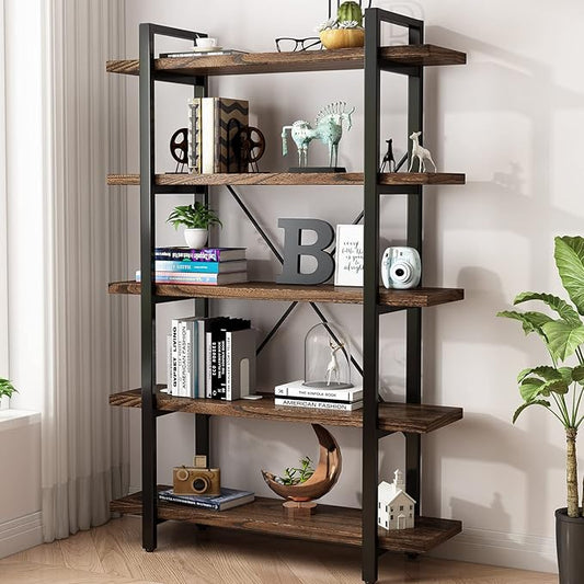 5-Tier Industrial Style Solid Wood Bookcase and Book Shelves,Rustic Wood and Metal Shelving Unit， Living Room,Modern Rustic Open Industrial Book Shelf Office,Distressed Brown (AY-02-5Tier)