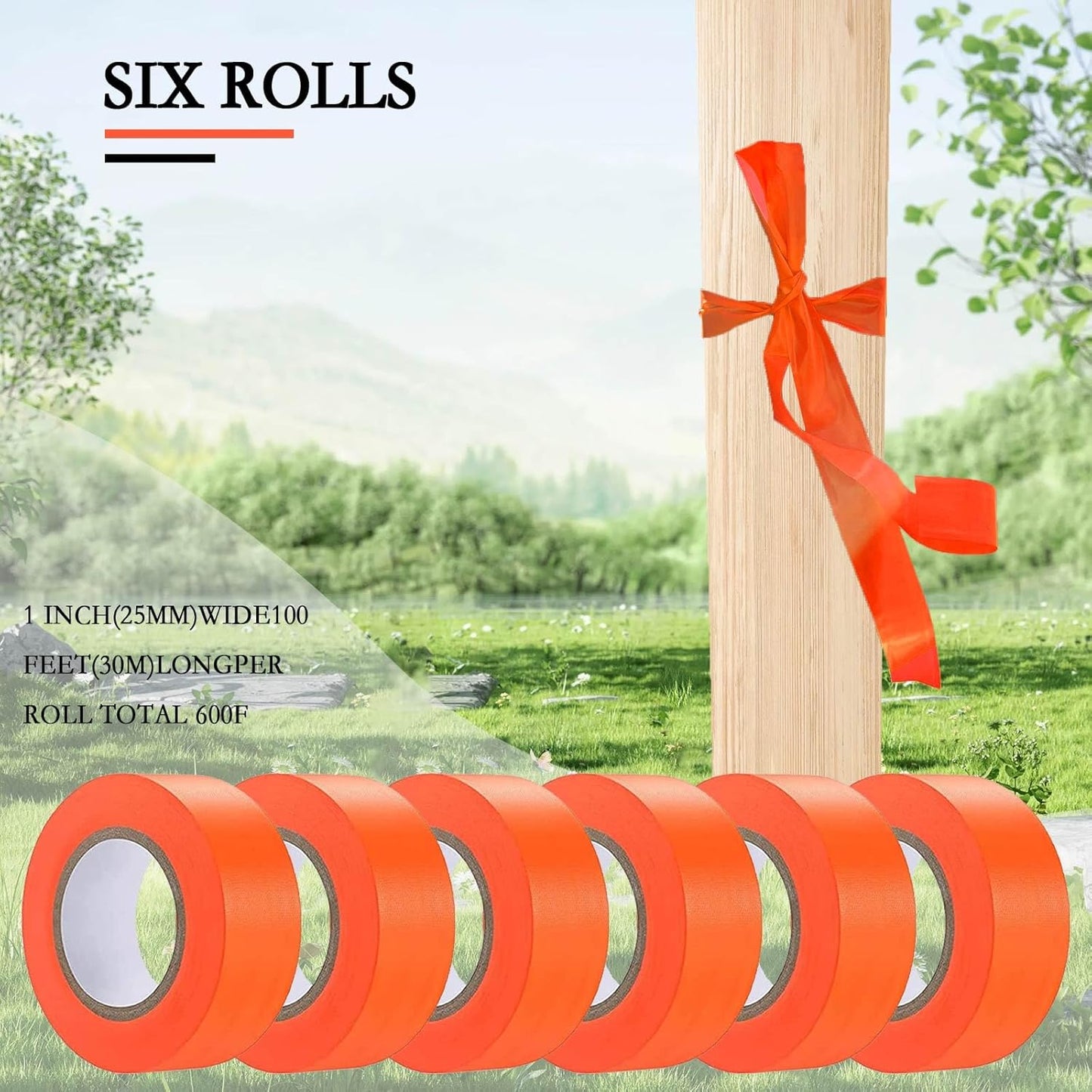 6 Pack Orange Flagging Tape, Non-Adhesive Plastic Ribbon Neon Marking Roll,1inch*600ft, Marking Tape for Tree Marking, Hunting, Boundaries Hazardous Areas,Trail Marking, Workplace Use