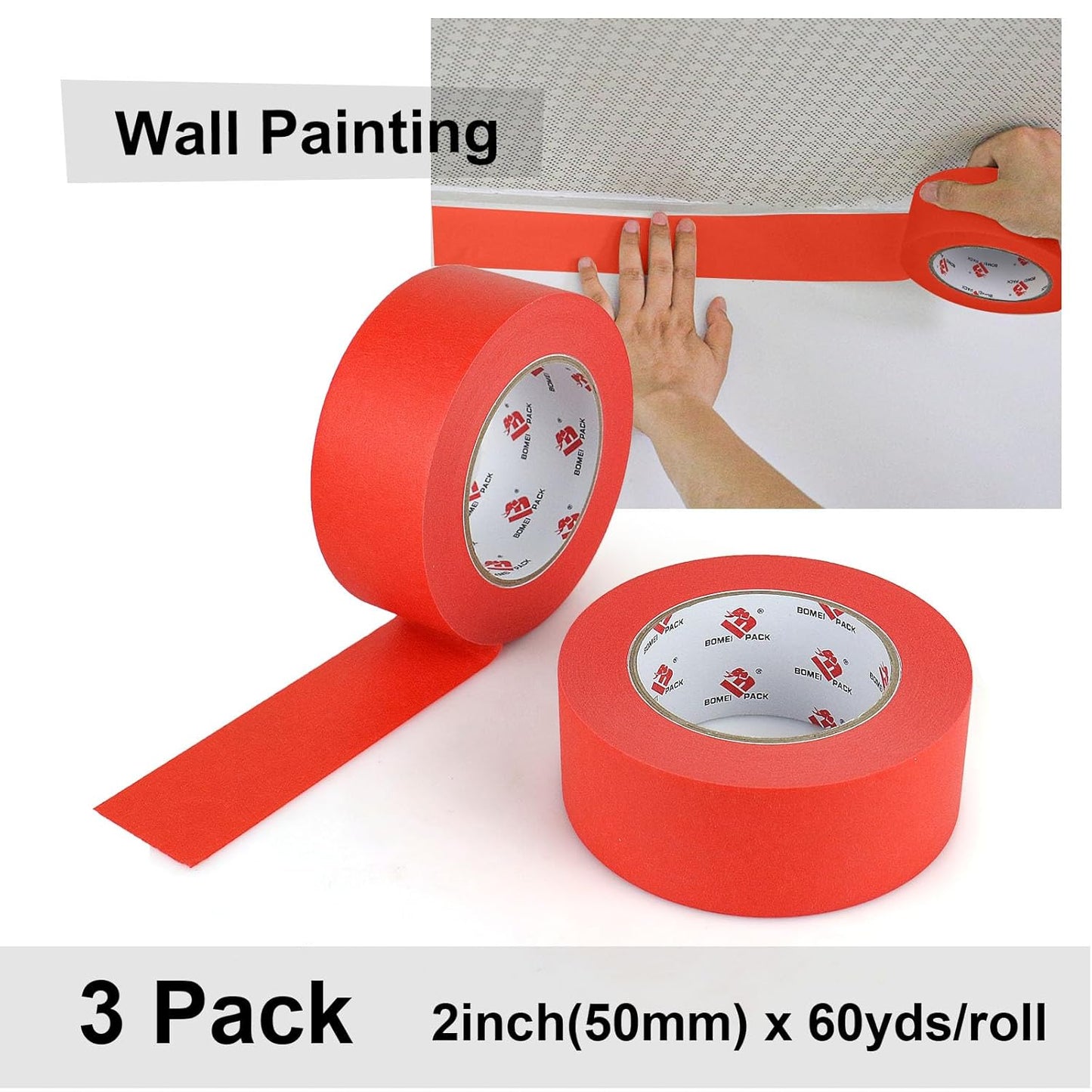 BOMEI PACK Red Painters Tape 2 inch Wide, 3 Rolls Red Masking Tape 2 inch x 60 Yards (180 Total Yards) Residue-Free Painting Tape for Labeling, DIY Crafting, Decoration and School Projects