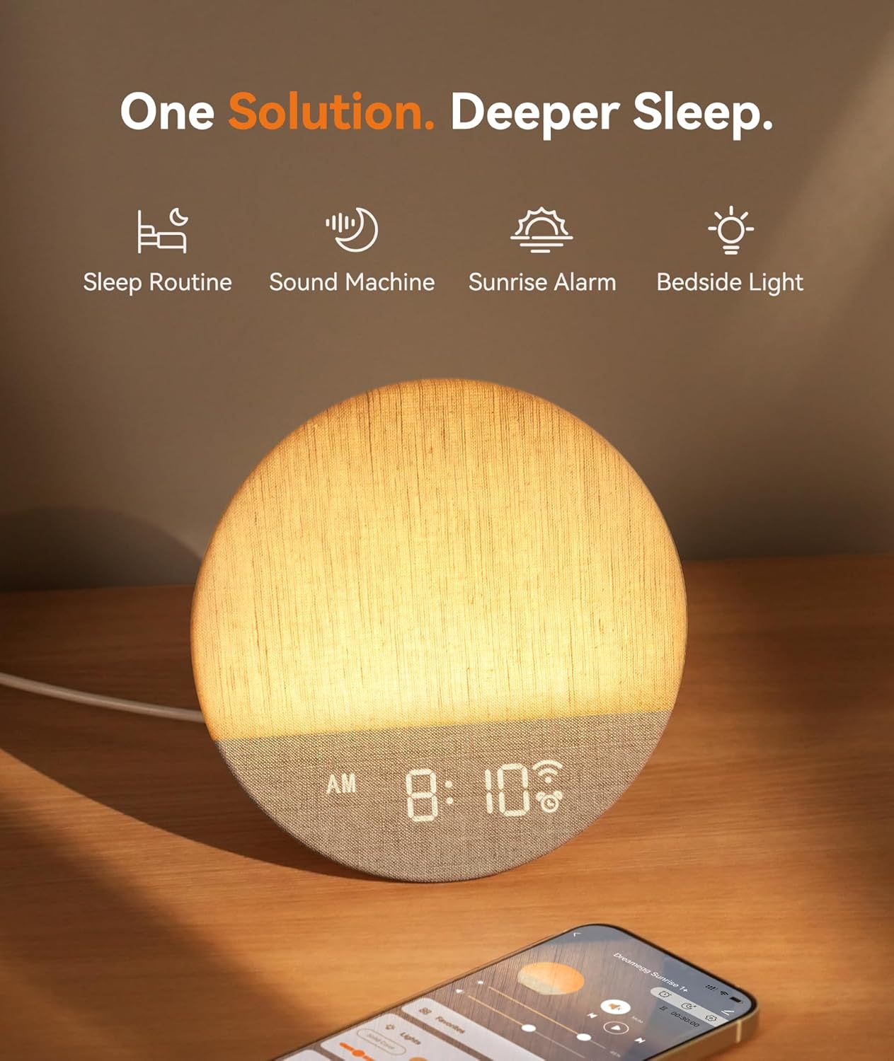 Dreamegg Sunrise 1+ Sound Machine, Sunrise Alarm Clock, Night Light, APP Control, Sleep Routines, Favorites Mode, 34 Soothing Sounds, White Noise Sound Machine, Wake Up Light for Bedrooms, Adults