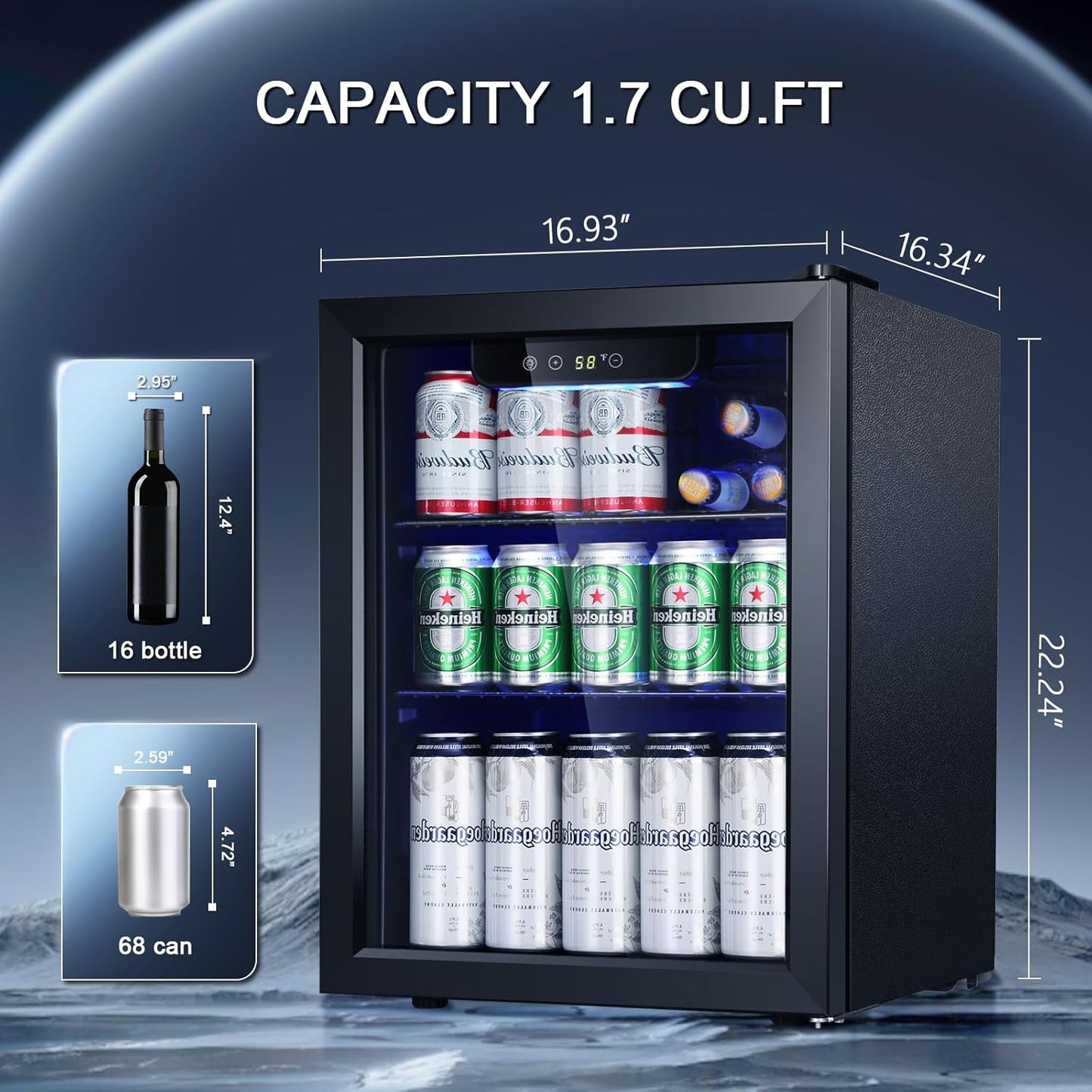 Antarctic Star Beverage Refrigerator Cooler-68 Can 16 Bottle Mini Fridge for Soda Beer Wine Champagne,Glass Door, Drink Dispenser, Knob Control,for Home and Bar,1.7Cu.Ft,Black