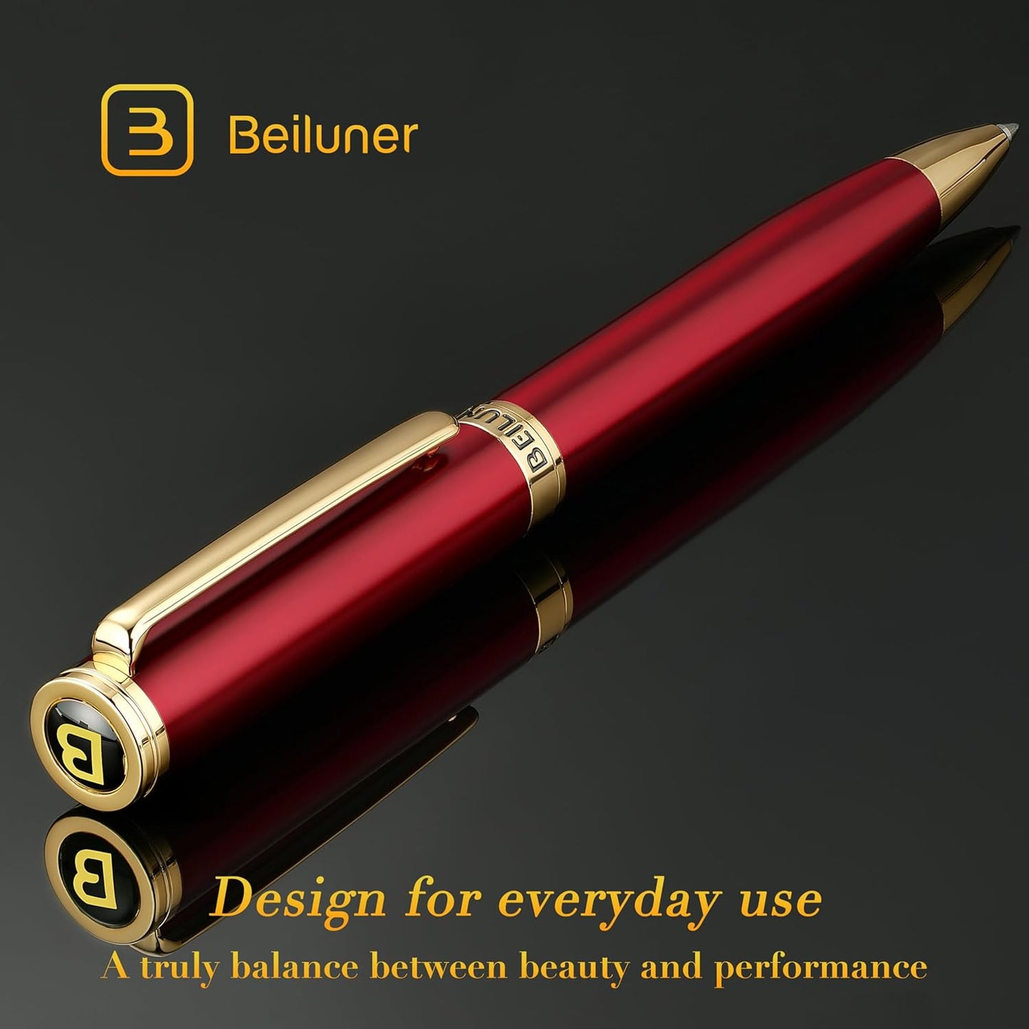 BEILUNER Red Lacquer Gel Pen With 24K Gold Finish, Retractable Pens, Gift Pen Set, Professional, Elegant, Writing, Executive, Office, Nice Fancy Designer, Perfect for Men and Women