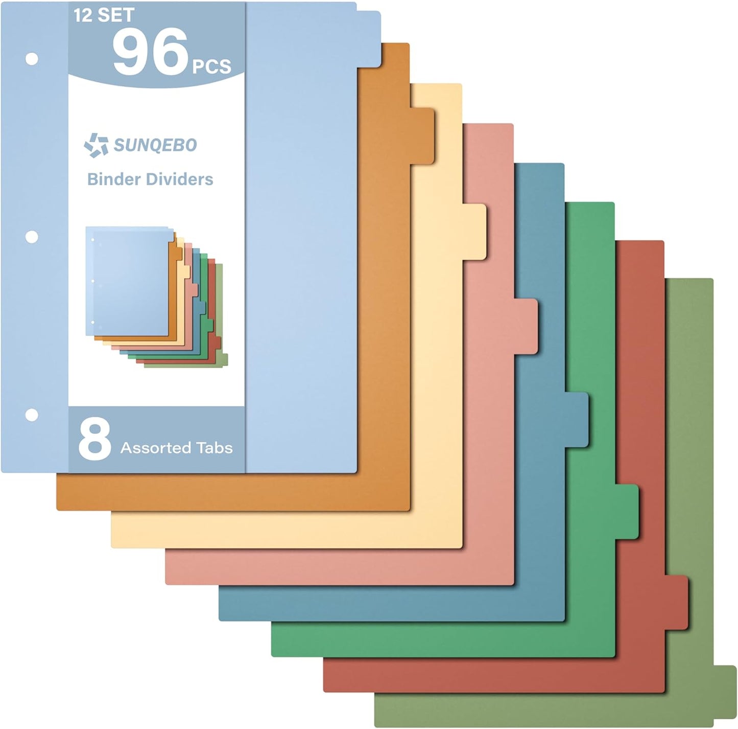 Dividers for 3 Ring Binder, Plastic 3-Hole Punched Letter Size 8-Tab Dividers, Bulk 96Pcs 12 Set Letter Size Multicolor Index Dividers for School Office Supplies