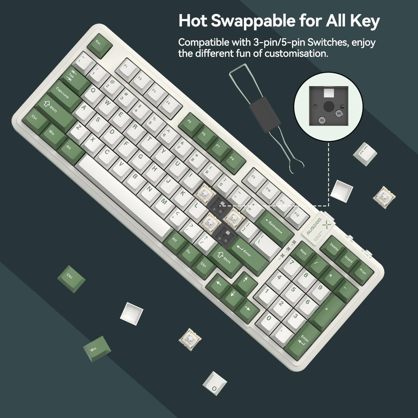 AUSDOM 98Pro Wireless Mechanical Keyboard, Tri-Mode BT/2.4GHz/USB-C Hot Swappable Custom Gaming Keyboard with Backlit, Gasket Structure, Linear Switches for Windows/Mac/PC (Green&White 97keys)