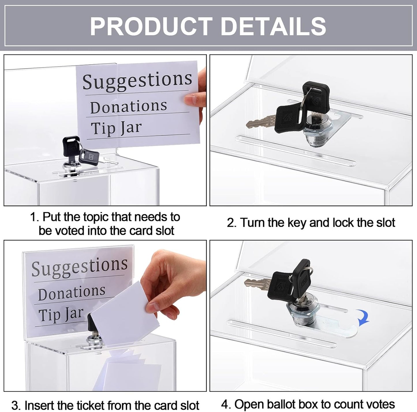 8 Packs Acrylic Donation Box with Lock and Sign Holder Clear Suggestion Ballot Box Plastic Voting Comment for Tip Jars Ticket Charity Survey Raffle Contest Fundraising, 6.1 x 4.3 x 3.8 Inch (Clear)