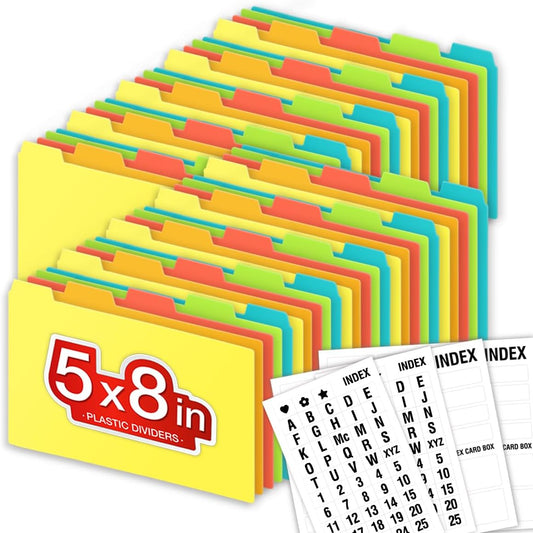 Chell 5x8 Plastic Index Card Dividers, Heavyweight Poly Index Card Guides A-Z for Flash Cards and Recipe Cards, with Alphabetical/Blank Stickers, Pack of 50