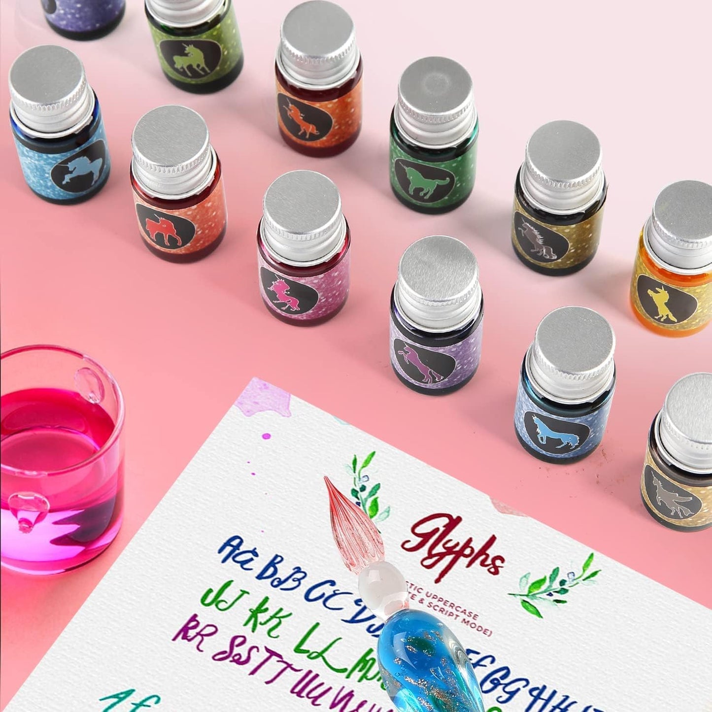 Glass Dipped Pen Ink Set Handmade Crystal Calligraphy Pen with 12 Colorful india ink for Art, Signatures, Drawing, Decoration, Calligraphy Kits for Beginners Ma-13