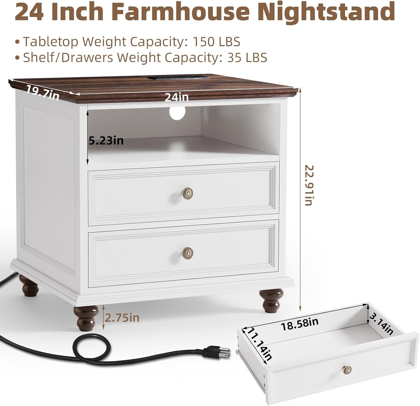24" Wide Farmhouse Nightstand Set of 2 with Charging Station,End Table with 2 Drawers,White Wood Dresser for Bedroom Cabinet, Bed Side Table Chest of Drawers, Night Stand for Living Room, Closet