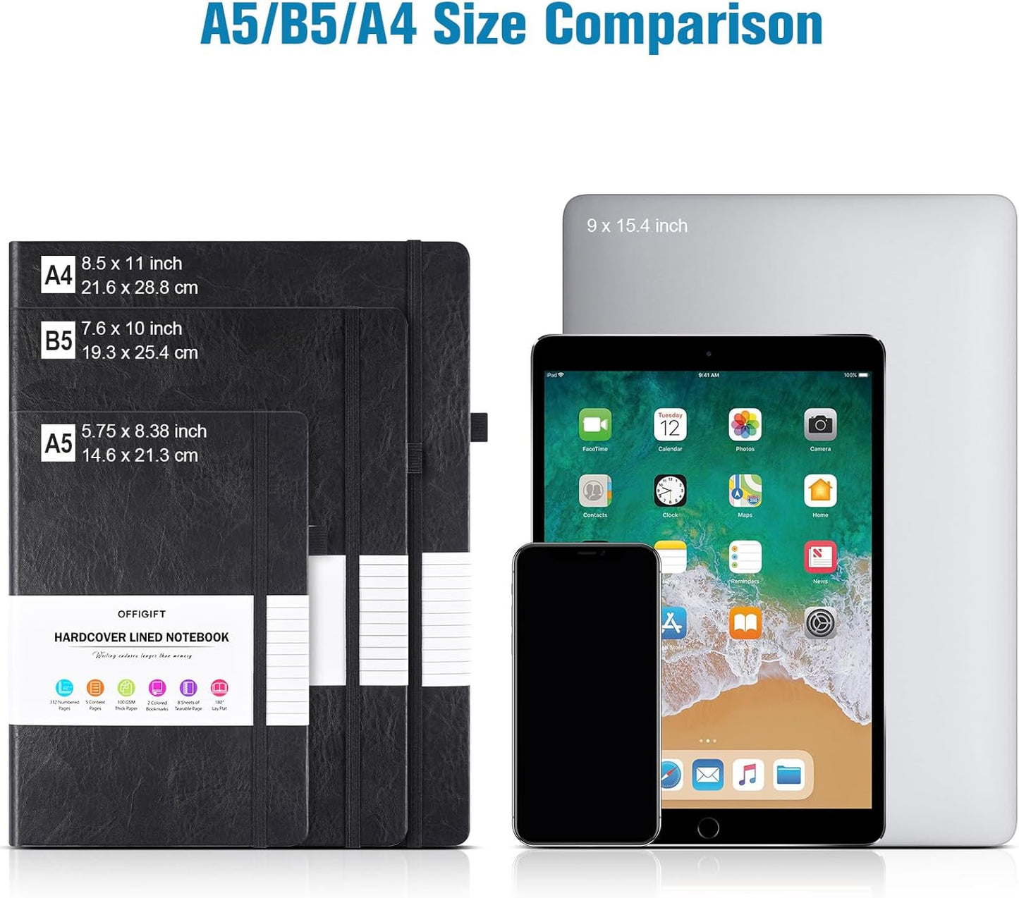 College Ruled Notebook, Large B5 Lined Journal Notebook, 314 Numbered Pages Work Notebook with Index Stickers, 100gsm Thick Paper, Hardcover Vegan Leather Journal for Women Men School Office, Blue