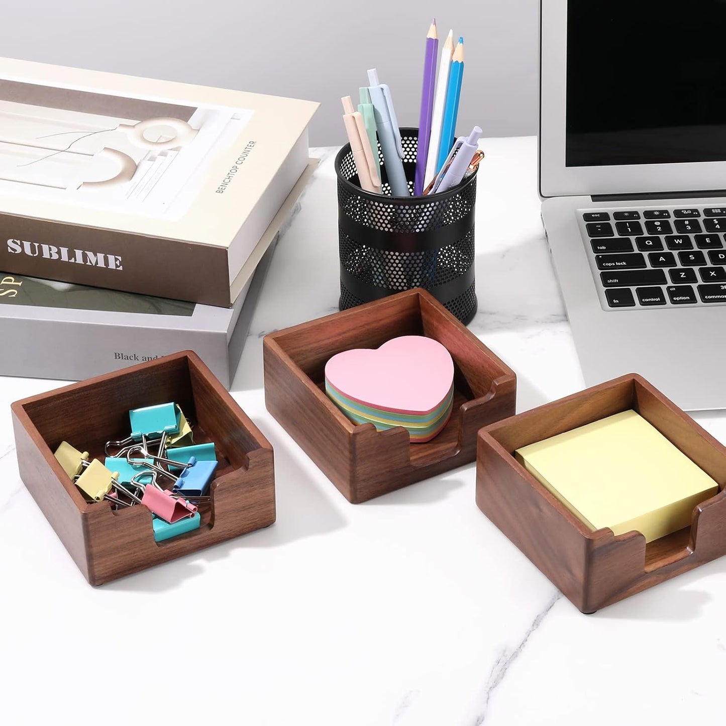 Bamber Sticky Note Holder Cute for Desk Walnut Wood Notepad Holder Organizer for Office School Home, Pack of 2