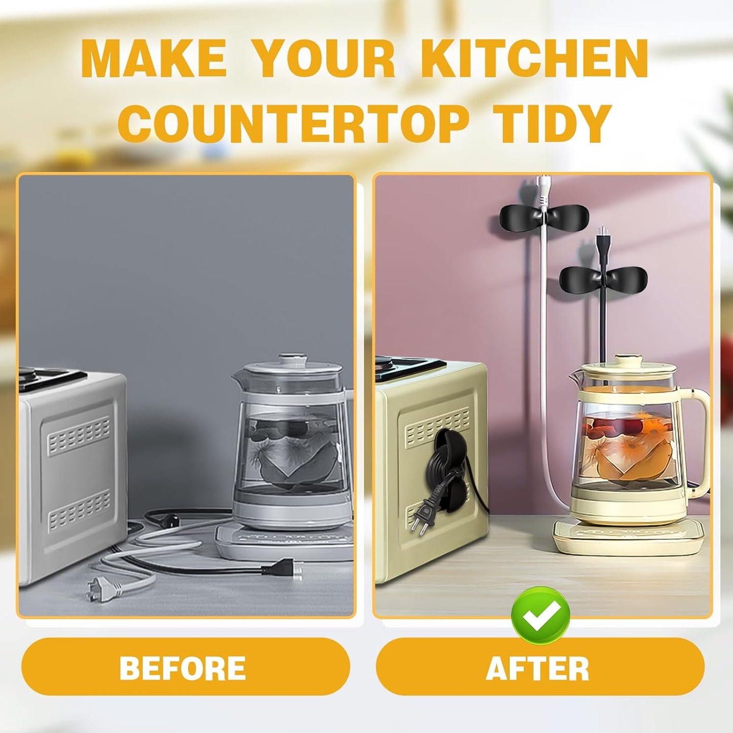 Cord Organizer for Kitchen Appliances, 4 Pack Black Appliance Cord Organizer, Command Hooks, Cord Wrapper, Cord Keeper, Cord Holder Stick On Kitchenaid Mixer, Instant Pot, Pressure Cooker