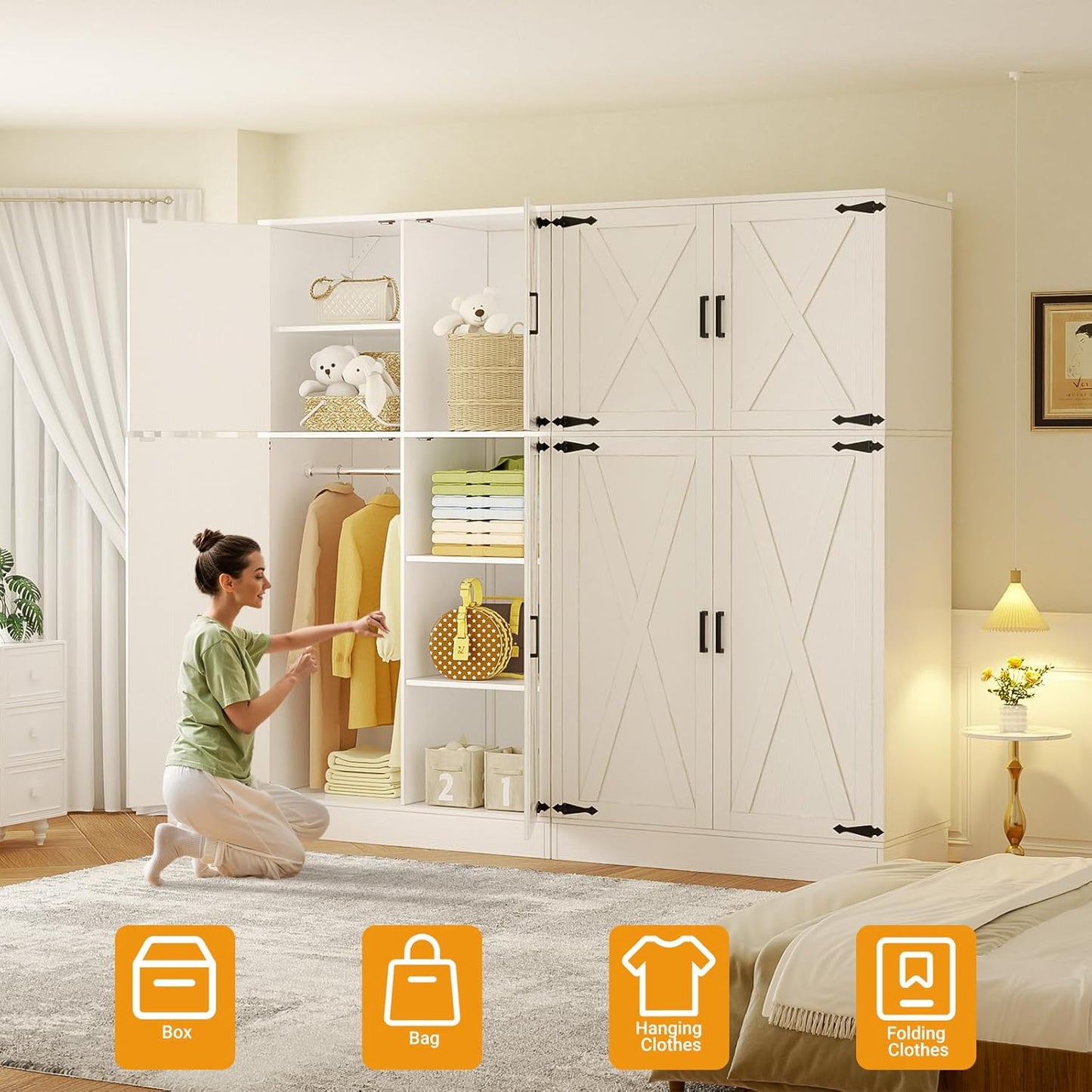 Unikito 71'' Farmhouse Wardrobe Closet with Hanging Rod, 4 Barn Door Clothing Storage Cabinet with Adjustable Shelves, Freestanding Wardrobe Cabinet for Bedroom, Living Room, Cloak Room, Office, White