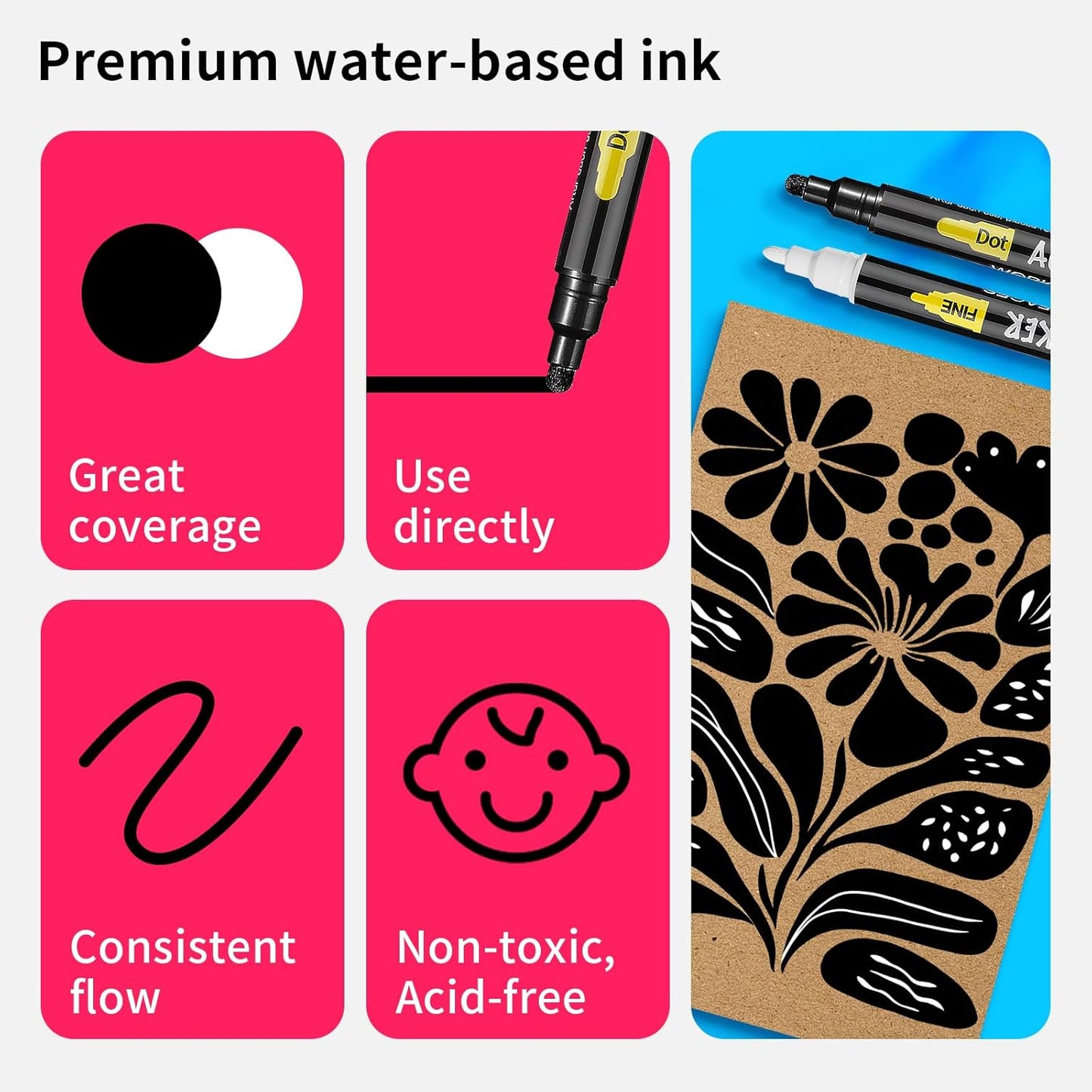 6 White and Black Acrylic Paint Pens Markers, Dual Tip (Fine 1mm + Dot 5mm), Acrylic Permanent Marker for Rock Painting Fabric Canvas Glass Wood Leather Ceramic Paper DIY, Ideal for Kids and Adults