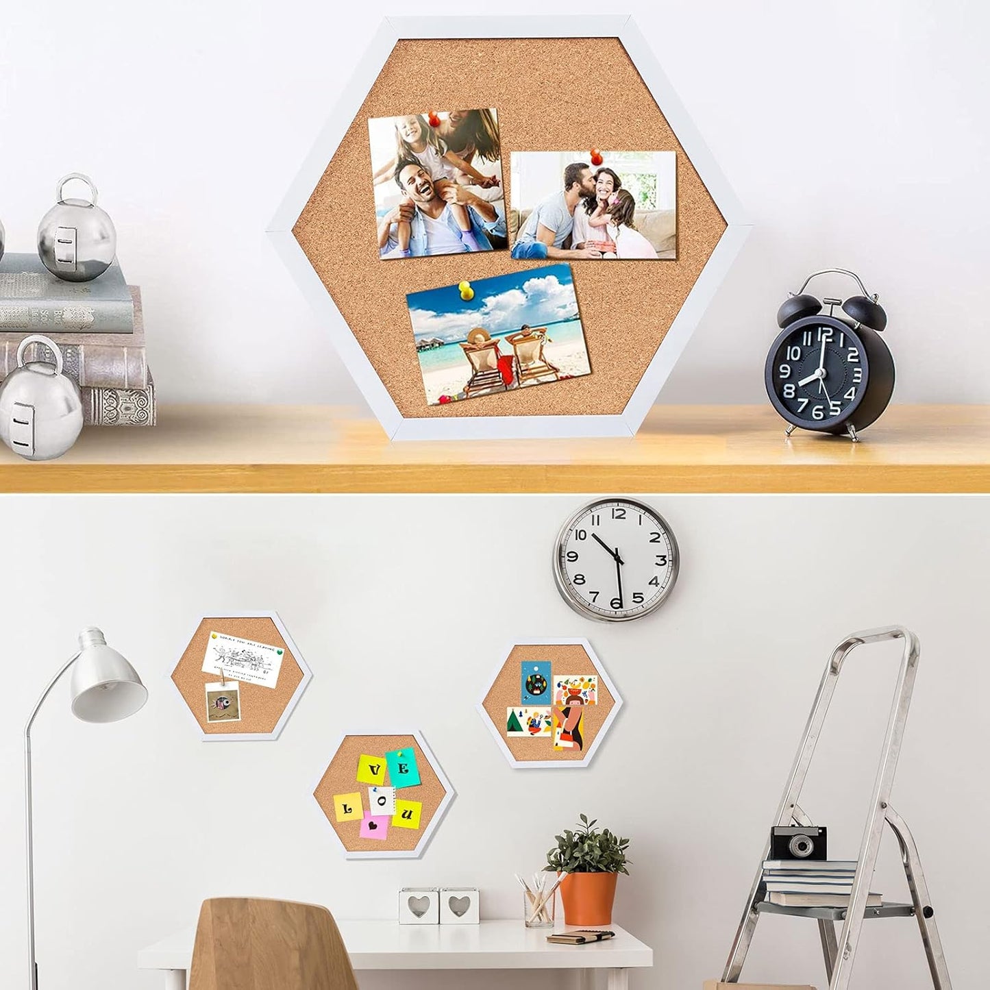 Cork Bulletin Board Hexagon White, Small Framed Corkboard Tiles for Wall, Thick Decorative Display Boards for Home Office Decor, School Message Board (4 Pack)