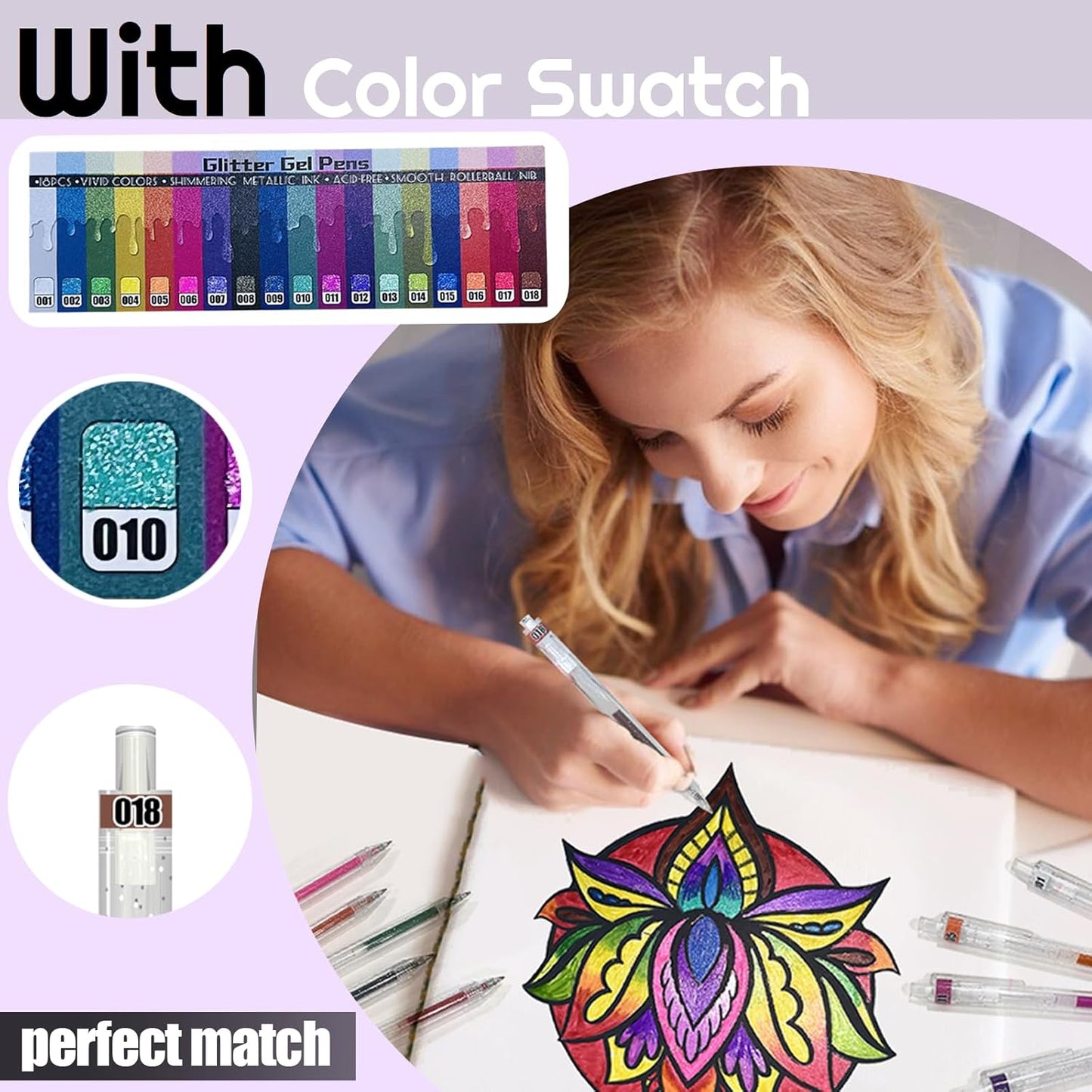 Glitter Pens 18 Colors with 18 Extra Refills, Retractable Metallic Colored Gel Pens for Adult, Vibrant Sparkle Glitter Gel Pens Suitable for Coloring Books Doodling Drawing Journaling