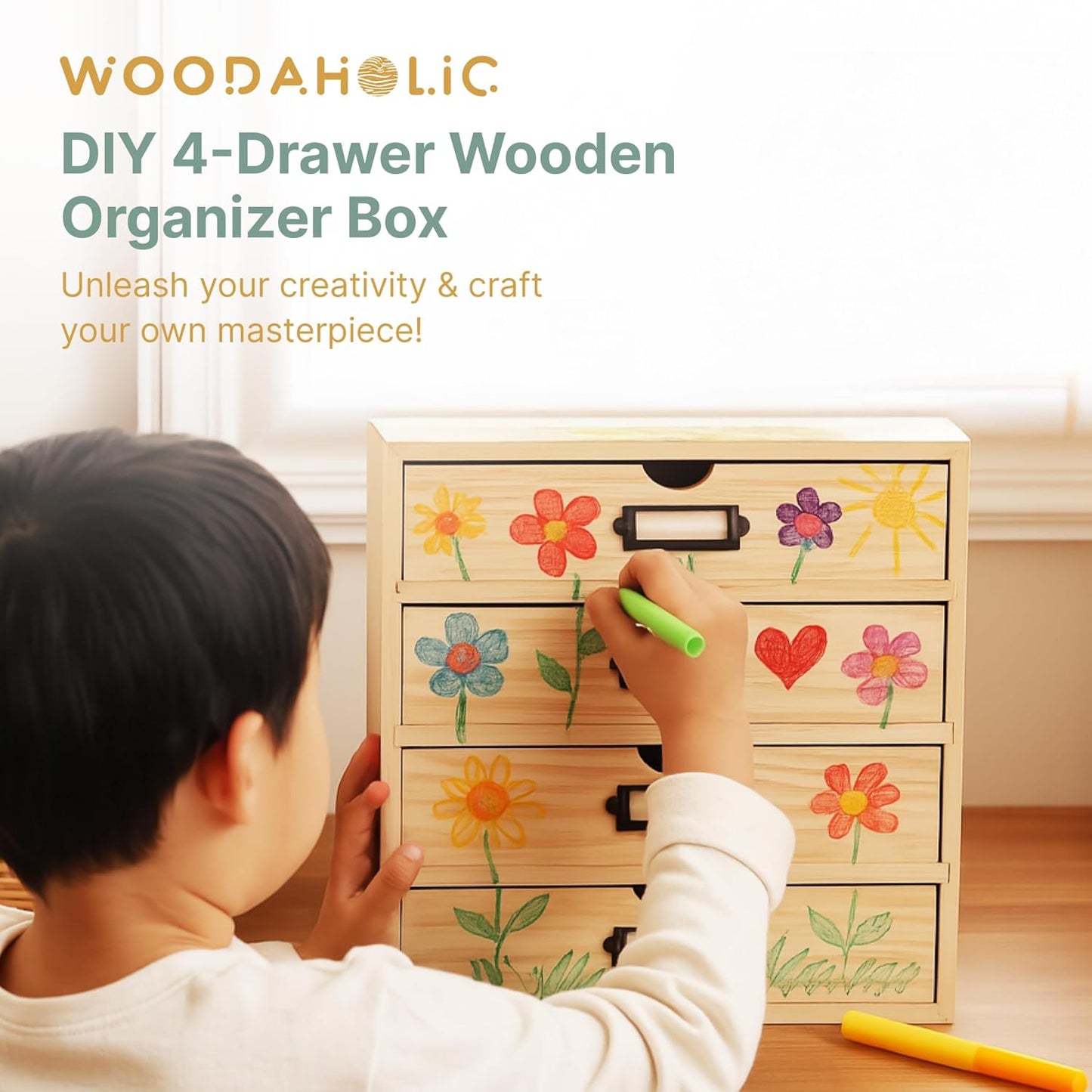 DIY Wooden Desk Organizer with Drawers – Unfinished 4-Drawer Desktop Storage Box – Personalizable Wood Desk Organizer for Crafts, Office, or Home – Compact Wooden Storage Drawers Ready to Decorate