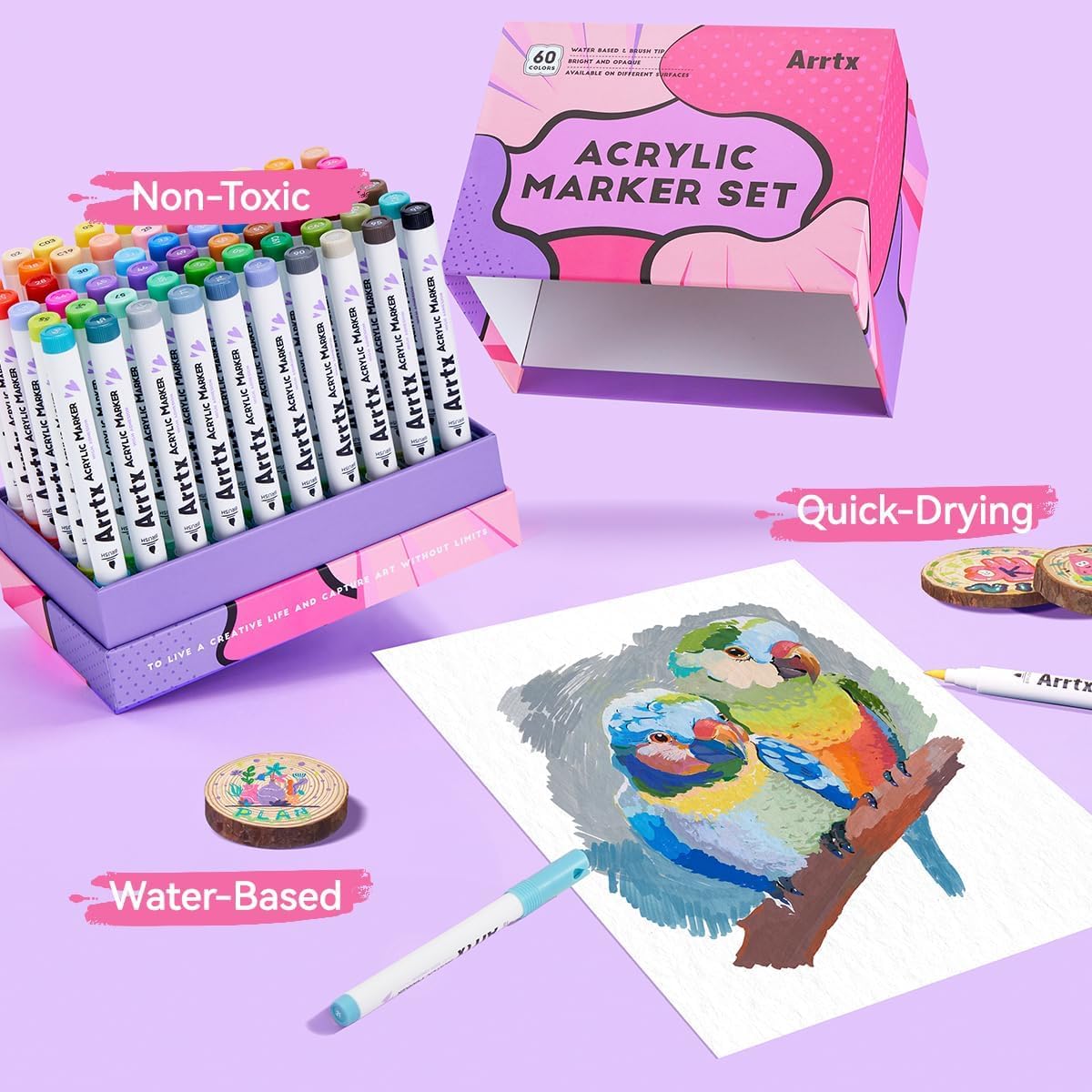Arrtx 60 Colors Paint Markers Pens, Acrylic Paint Pens for Artists Adults Coloring Drawing Cartoon Anime Comic - Brush Tip for Rock Painting, Wood, Canvas, DIY Crafts Making Art Supplies-60B