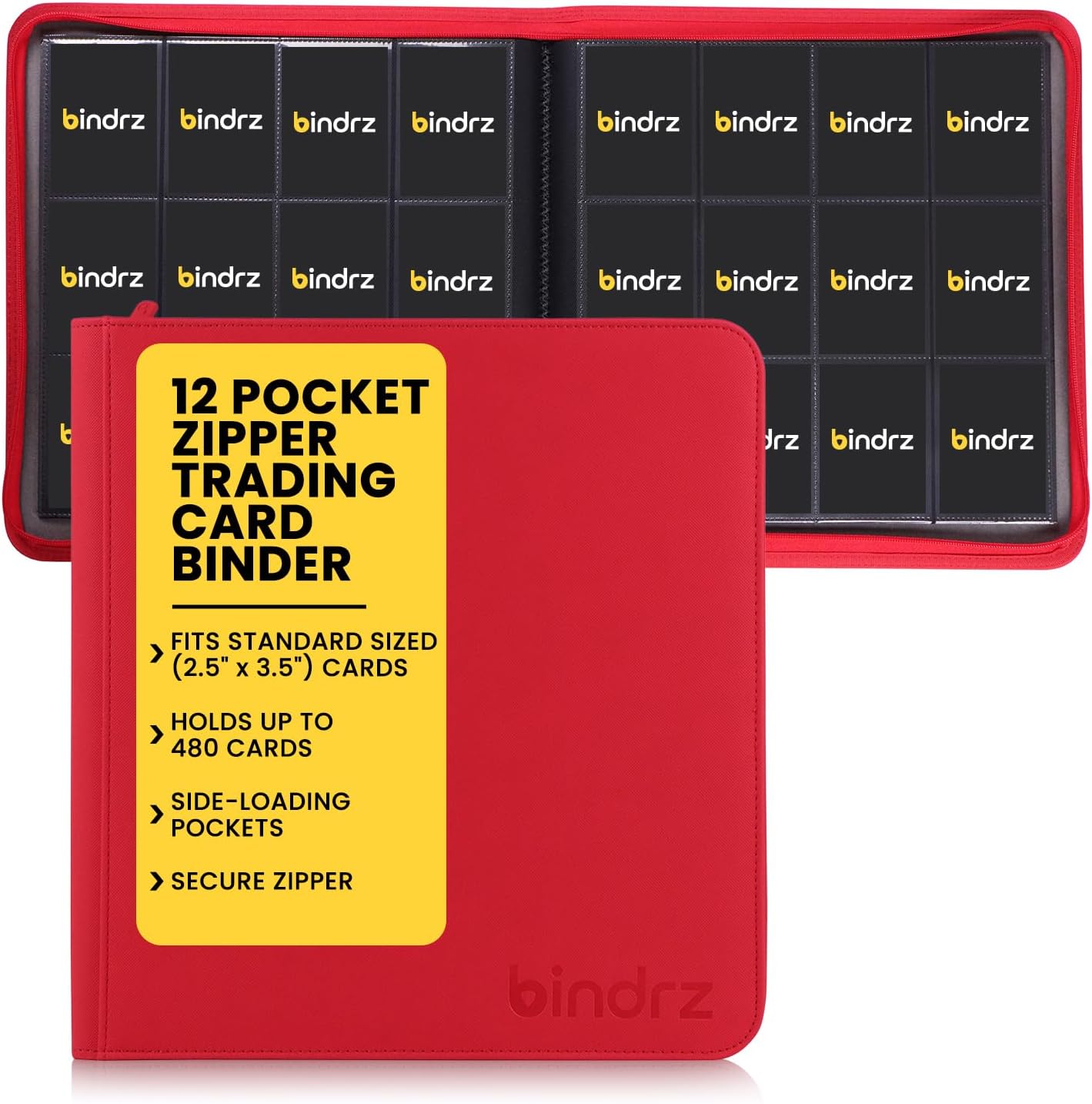 12 Pocket Zipper Binder for 480 Sleeved Trading Cards - Side Loading Pockets Album - Archival Safe Material and Compatible with TCG MTG and Sports Collectibles (Red)