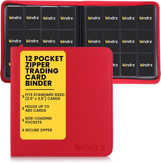 12 Pocket Zipper Binder for 480 Sleeved Trading Cards - Side Loading Pockets Album - Archival Safe Material and Compatible with TCG MTG and Sports Collectibles (Red)