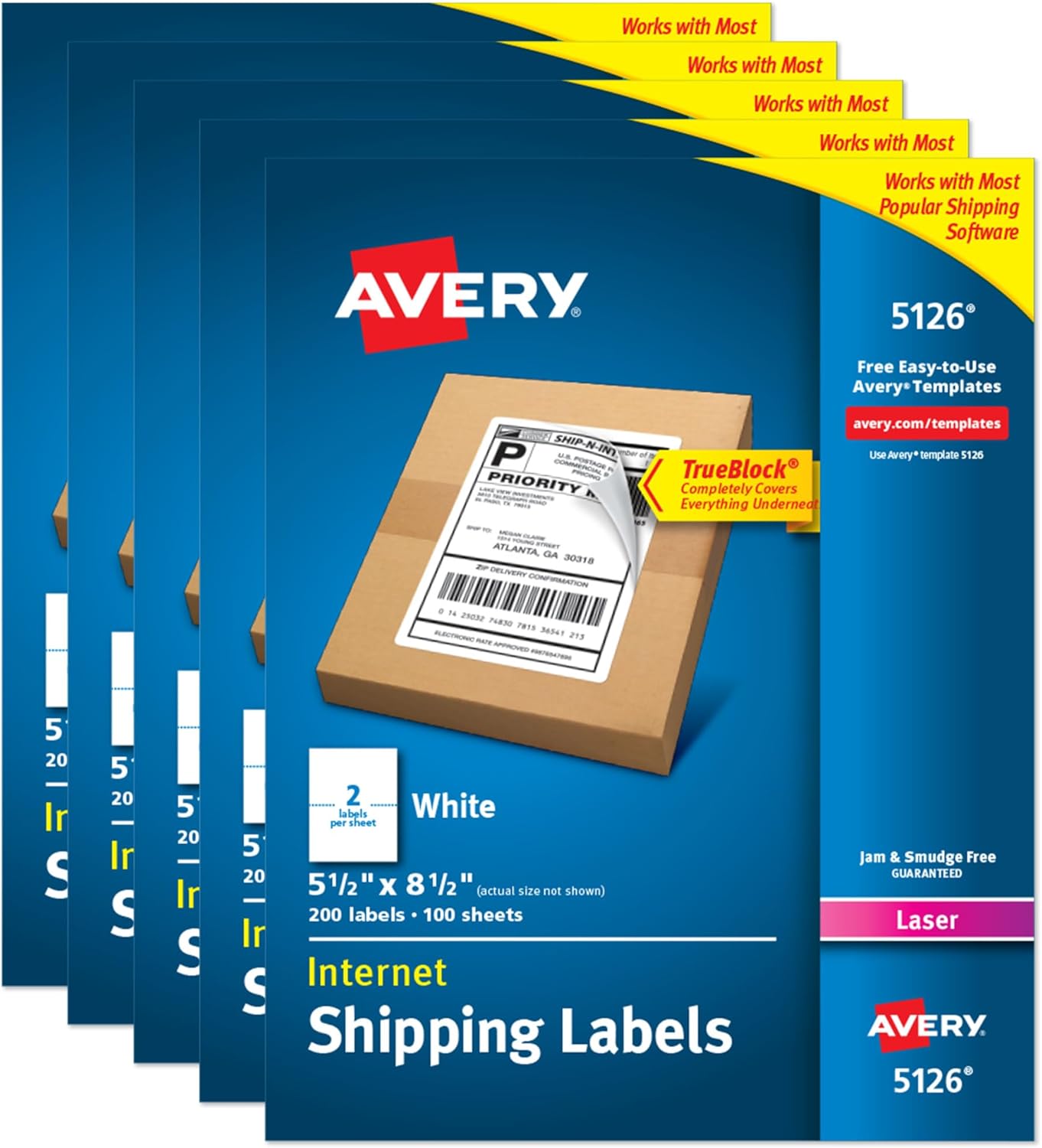 Avery Half-Sheet Printable Shipping Labels, 5.5" x 8.5" Customizable Stickers, White, 1,000 Blank Mailing Labels Total, Great for Mailing, Shipping, Organizing, and More (5-Pack of 5126)