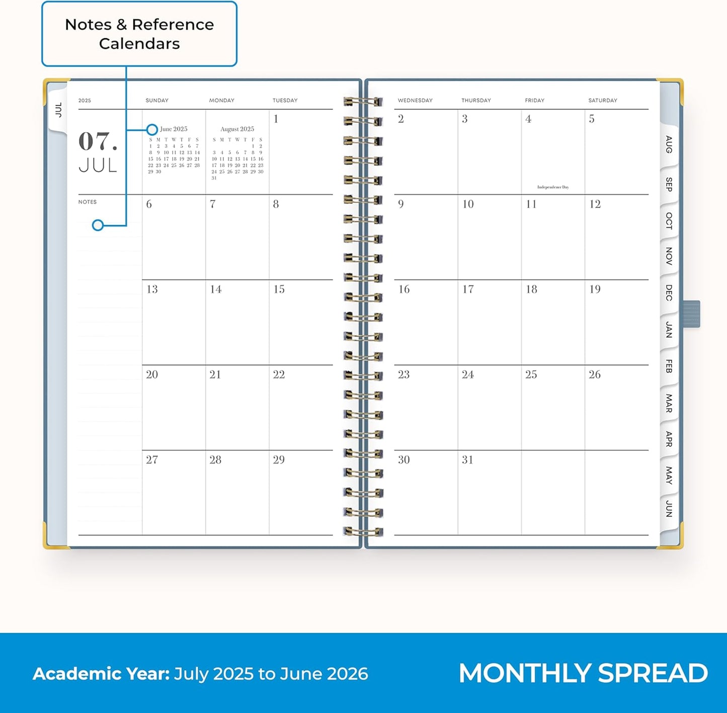 Blue Sky 2025-2026 Academic Year Weekly and Monthly Planner Calendar, July 2025 - June 2026, 12-Month, 5" x 8", Faux Leather Cover, Wirebound, Storage Pocket, Laminated Tabs, Blue Haze