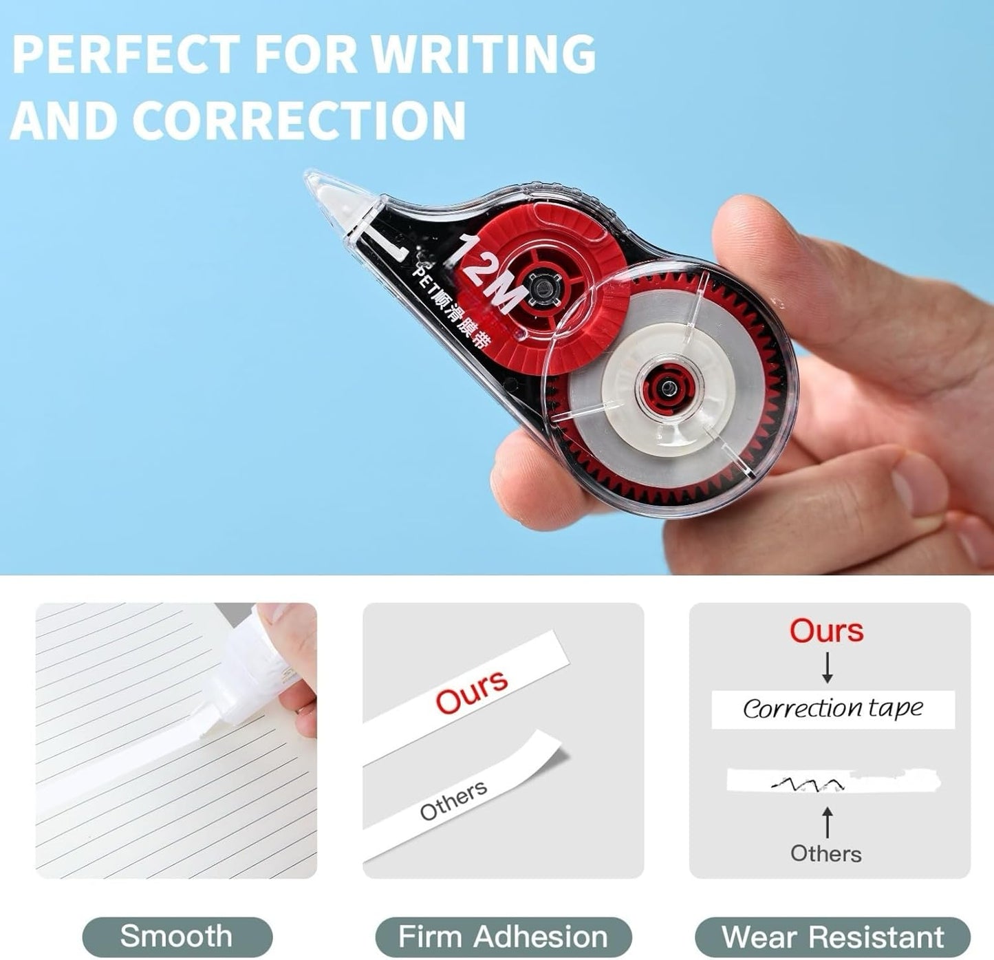 39.37ft Correction Tape with Dispenser, 6-Count Pack, Fast Clean and Easy-to-Use Tear-Resistant Correction Tape Office School Supplies, Blue/Red/Gray