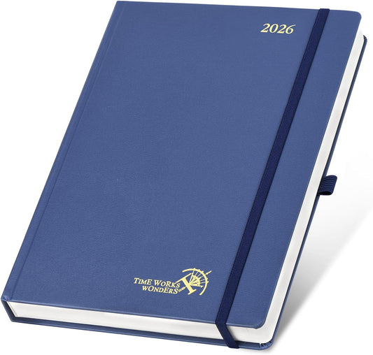 POPRUN 2026 Daily Planner One Page Per Day Even Weekends A4 Large Size (8.5" x 12") - 12 Months Calendar Hourly Appointment Book with Inner Pocket, Pen Holder, Hardcover - Navy Blue