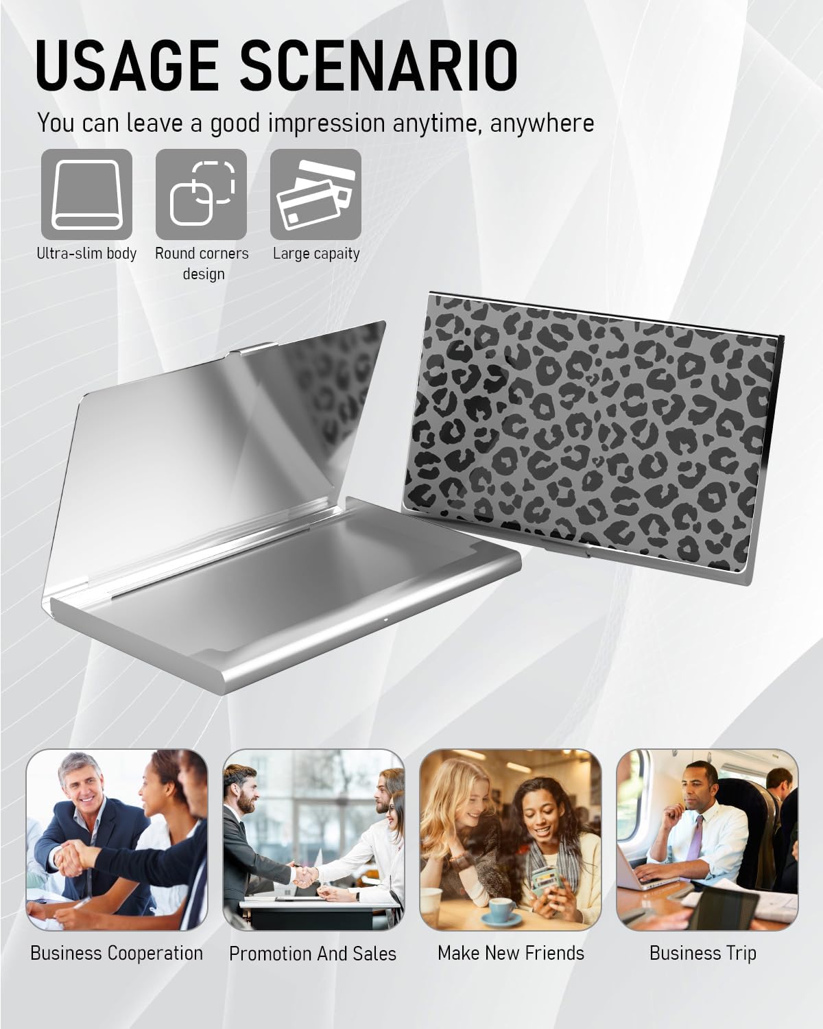 Business Card Metal Slim Organizer, Professional Stainless Steel Square Pocket Wallet for Office Workers, Compact and Portable for Pockets (Grey Snow Leopard A)