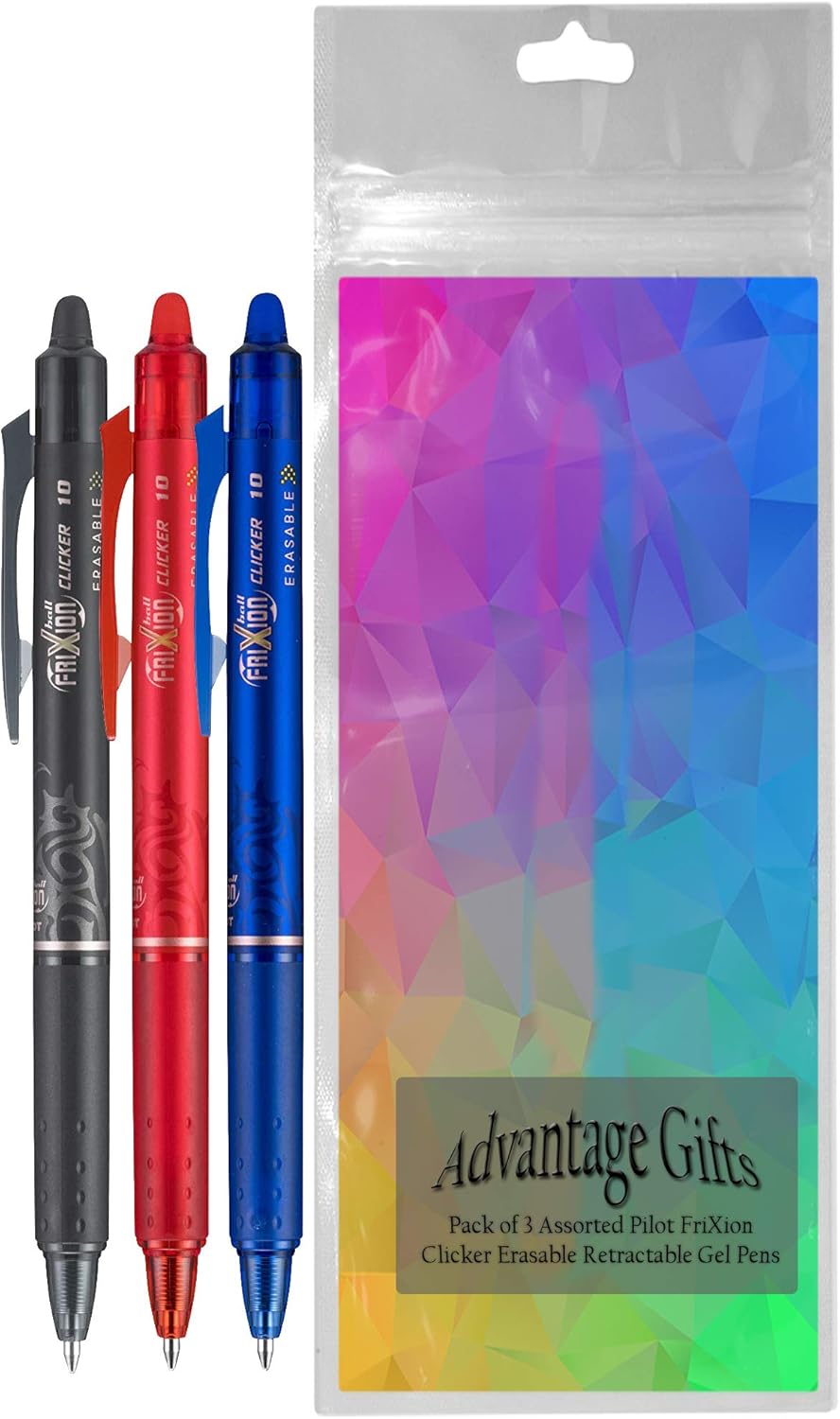 FriXion Clicker Retractable Erasable Gel Pen, Black/Blue/Red Bold Point, 3-pk; Bundle with Plastic Reusable Pouch