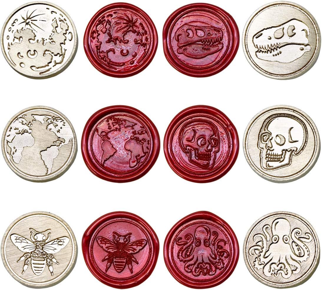 Wax Seal Stamp Kit, Set of 6 Sealing Wax Stamp with Brass Head Wooden Handle (Moon & Sun World Map Dinosaur Skeleton Bumblebee Octopus Design)