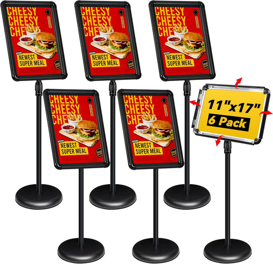 6Pack Adjustable Pedestal Sign Holder - 11''x17'', Floor Standing Poster Stand for Vertical/Horizontal View, Outdoor/Indoor Sign Holders (Black, Round)